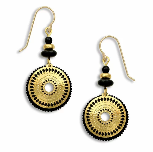 Earrings - Black Open Circle with Gold Filigree Overlay - 7390