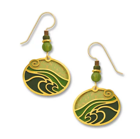Earrings - Soft Moss Green Oval with Waves - 7441