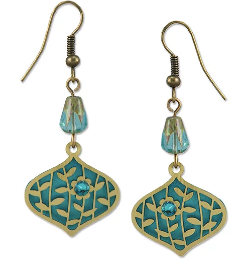 Earrings - Deco Teardrop with Leaves and Flowers over Teal - 7857