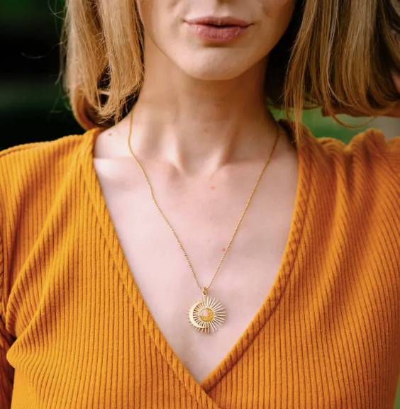 Necklace Celestial Sun and Moon Pendant Crushed Fire Opal