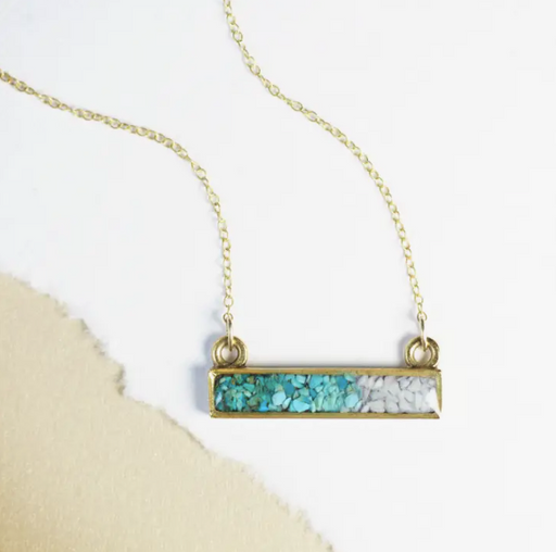 Necklace - Colorblock Gemstone Bar Pendant - Chrysocolla/Turquoise/Larimar