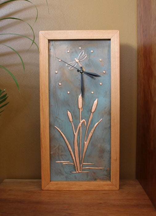 Clock - Tall Box Clock - Patina Copper Dragonfly & Cattail Face