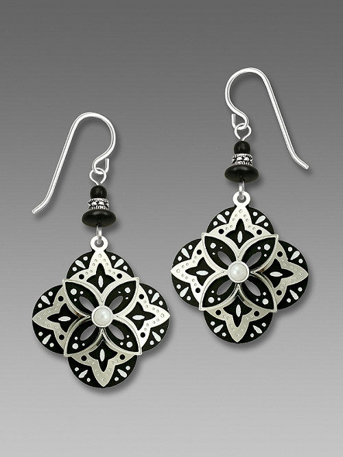 Earrings - Black & White clover w/IR overlay & glass pearl cab - 7547