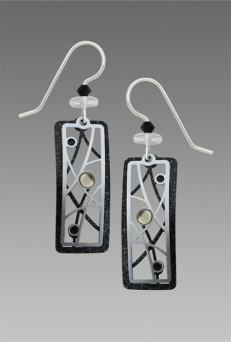 Earrings - Black & White Open Rectangles w/Lines & Dots & Cabs - 7747
