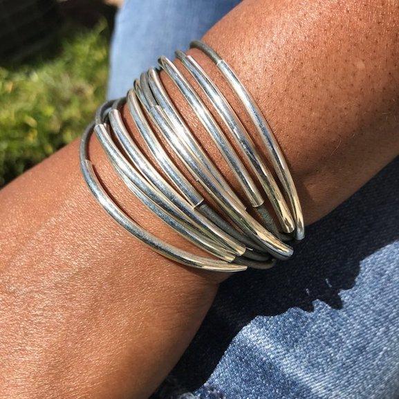 Leather Tube Bracelet - Silver Tubes - Gray - Small