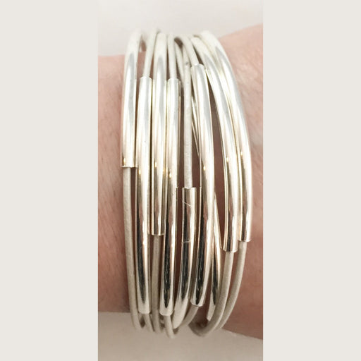 Leather Tube Bracelet - Silver Tubes - Pearl - Medium