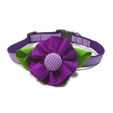 Dog Collar - Purple Gingham Flower - Small