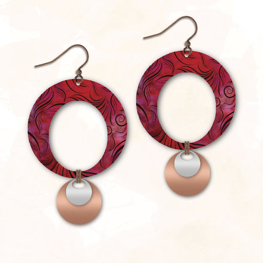 Earrings - Open Circle with Copper and Stainless Steel Discs - Red and Magenta Swirl - ROB