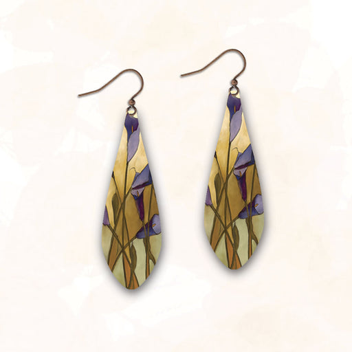 Earrings - Cubist Purple Flowers on Yellow Long Teardrop - SH19LE